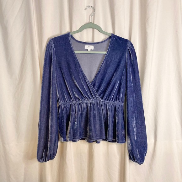True Craft Tops - Blue Crushed Velvet Peplum Top Surplice V-Neck Puff Sleeve True Craft Women M